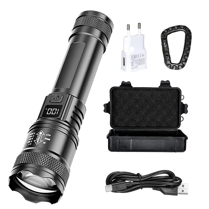 Rechargeable LED Flashlight Zoomable Torch with LCD Display 3 Modes Waterproof High Power Hand Light Outdoor Wilderness Camping - Smarsty