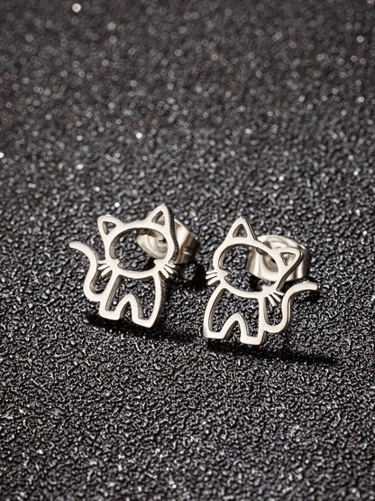 Stainless Steel Cat Stud Earrings Cute Hypoallergenic Gift - Smarsty