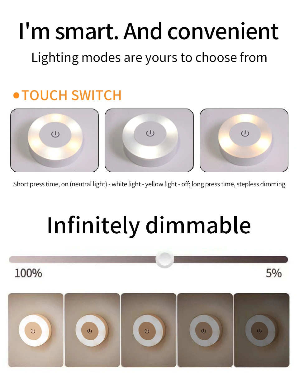 Rechargeable LED Night Light with Dimmable Touch Switch - Smarsty