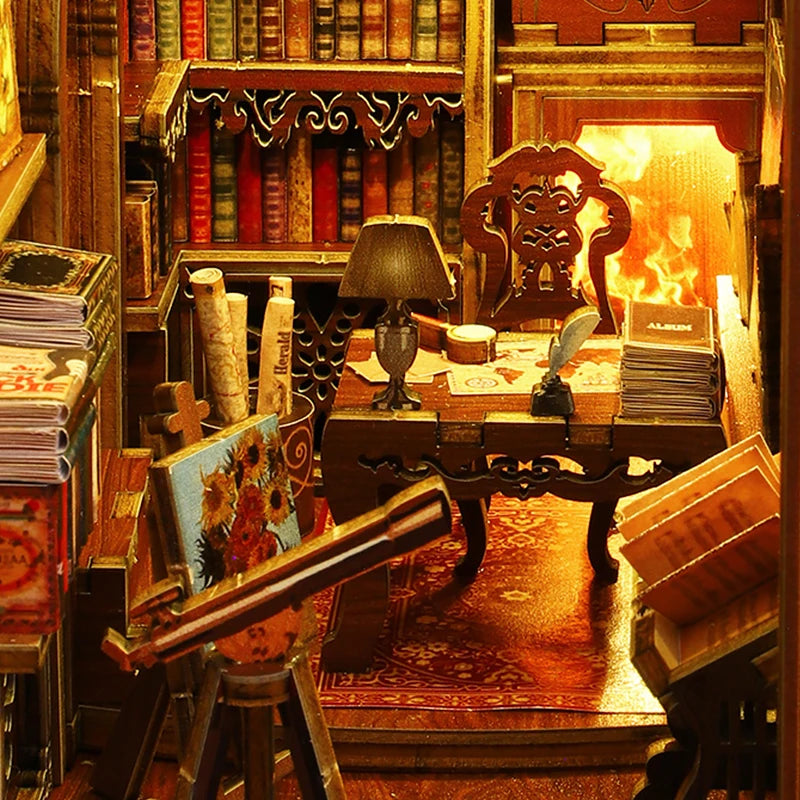 DIY Book Nook Shelf Insert Kit 3D Wooden Puzzle Doll House Assembly Building Model Bookends With Furniture LED Light Xmas Gifts by Smarsty