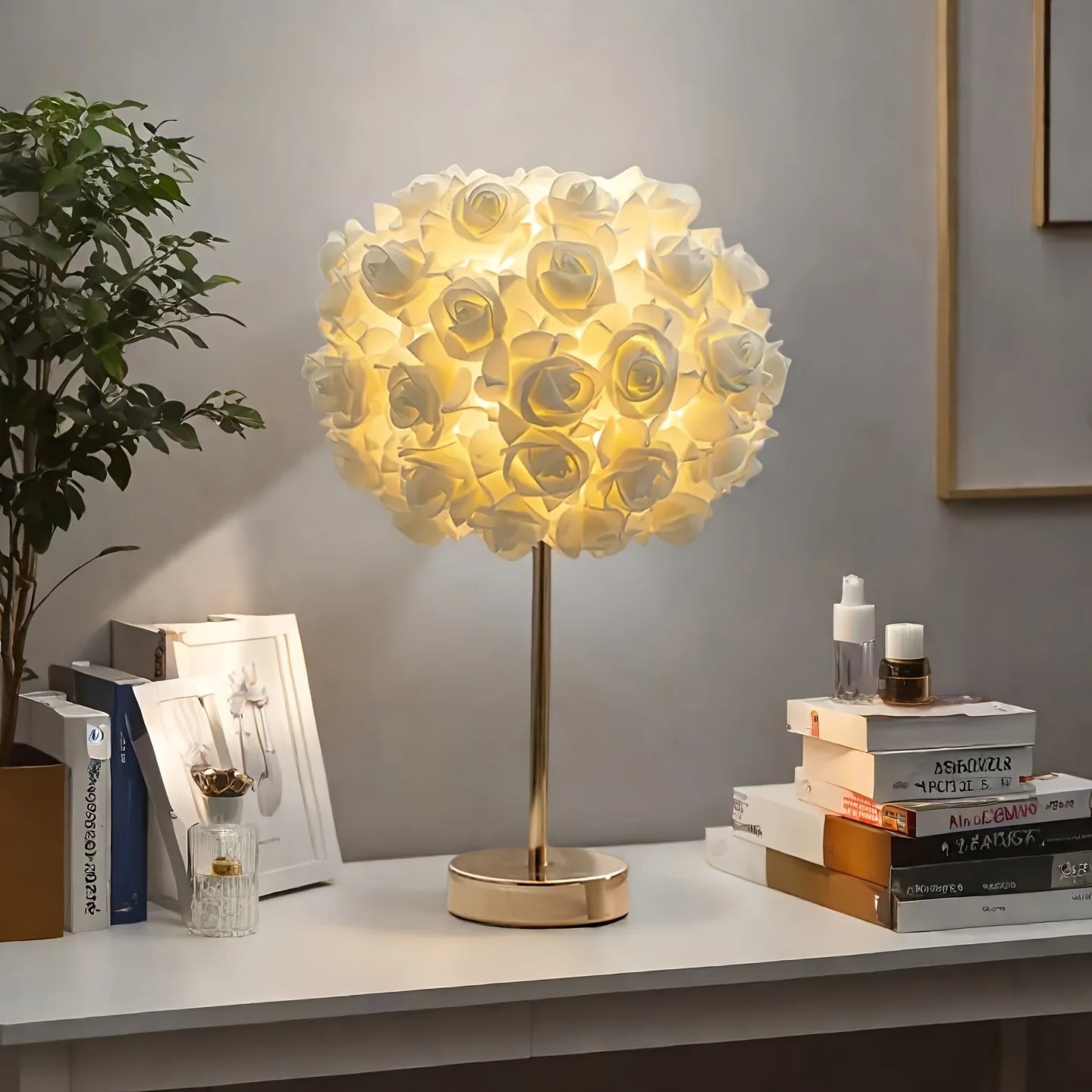 High-End LED Table Lamp with 52 Rose Flower Shade, Polished Metal Base for Bedside, Living Room, and Office Decor
