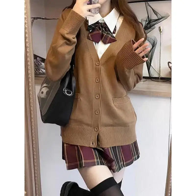 Japanese fashion solid color V-neck knitted sweater,original newJK uniform cardigan top,autumn and winter women's cotton sweater - Smarsty