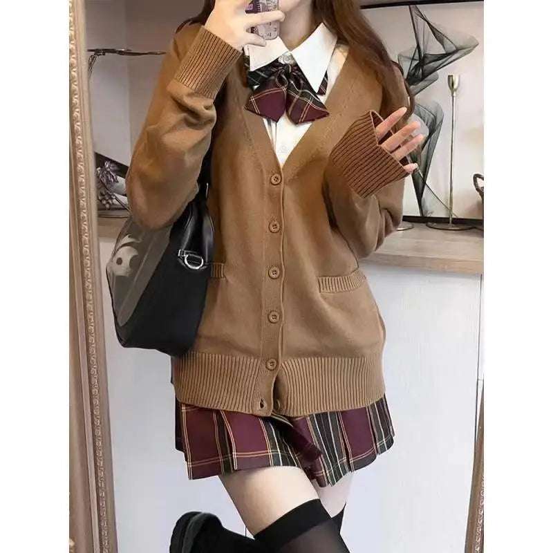Japanese fashion solid color V-neck knitted sweater,original newJK uniform cardigan top,autumn and winter women's cotton sweater