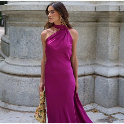 Elegant Solid Ribbon Women Halter Dress Off Shoulder Sleeveless Backless Slim Female Maxi Dresses 2025 Summer New Chic Lady Robe - Smarsty