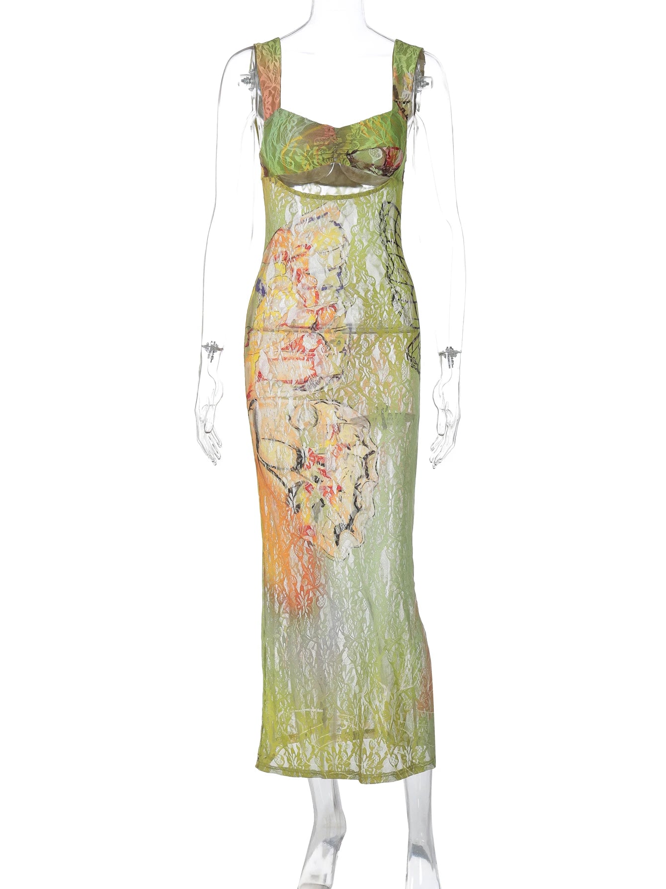 Dulzura Lace Print Cut Out Maxi Dress Bodycon Sexy Party Club Y2K Outfits Streetwear Bandage Dress Vestido Classic Prom