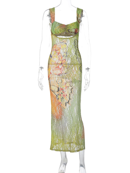 Dulzura Lace Print Cut Out Maxi Dress Bodycon Sexy Party Club Y2K Outfits Streetwear Bandage Dress Vestido Classic Prom