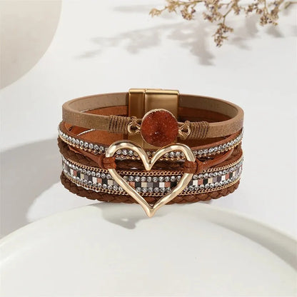 Women Leather Heart Charm Bracelet Rhinestone Wrap - Smarsty