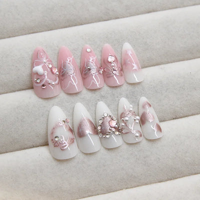 24 Piece Pink Almond Fake Nail Set With Bowknot Design - Smarsty