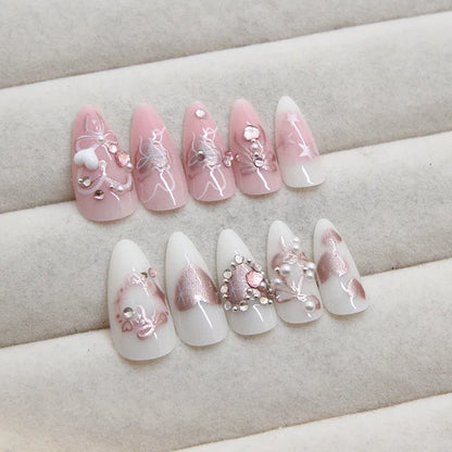 24 Piece Pink Almond Fake Nail Set With Bowknot Design - Smarsty