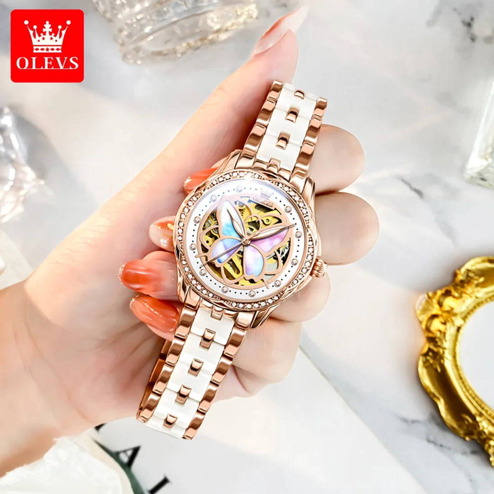 OLEVS 6615 Womens Watch Original Bezel Ceramic Mechanical Automatic Wristwatch Waterproof Luminous Ladies Watch Butterfly Dial - Smarsty