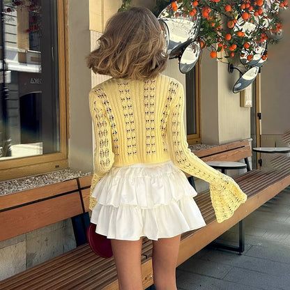 TARUXY Hollow Knitted Cardigan Women's Solid Long Sleeve V Neck Short Sweater Top Summer 2025 New Female Crochet Casual Outwear