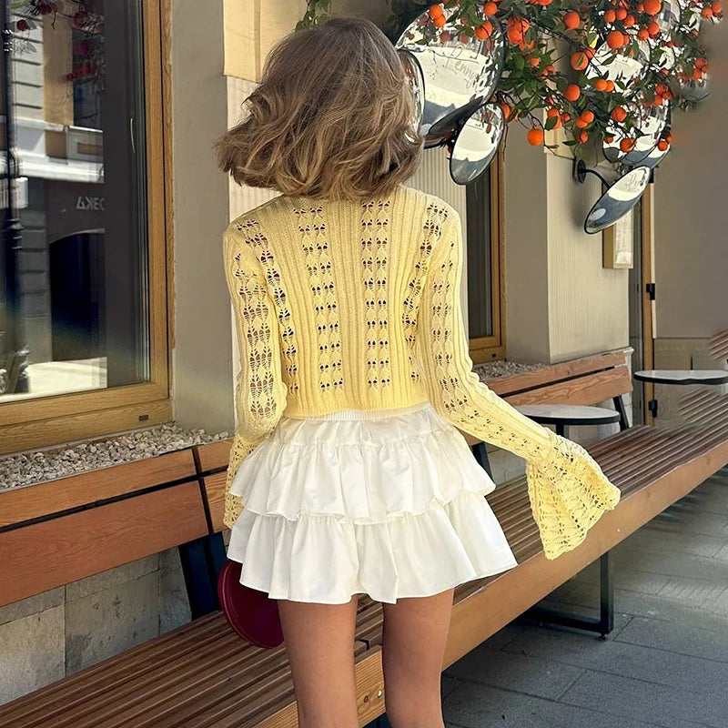 TARUXY Hollow Knitted Cardigan Women's Solid Long Sleeve V Neck Short Sweater Top Summer 2025 New Female Crochet Casual Outwear