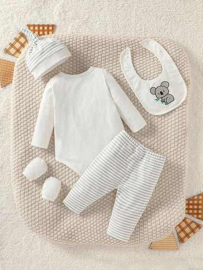 4Pcs Baby Boy's all seasons Full Cartoon Elephant Streetwear Fashion Pantsuit +Hat +Gloves+Bib
