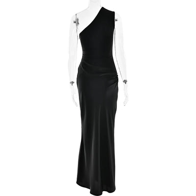 JULISSA MO Patchwork Satin Sexy One Shoulder Women Maxi Dress Brown Sleeveless Evening Dress Summer Slim Elegant Party Clubwear - Smarsty