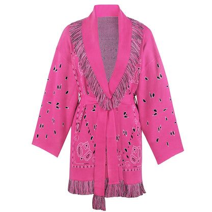 Tassel Patchwork Printed Cardigan Women Geometric Patterns Belts V-neck Long Sleeve Knitted Street Lady Sweater 2025 Autumn Coat - Smarsty