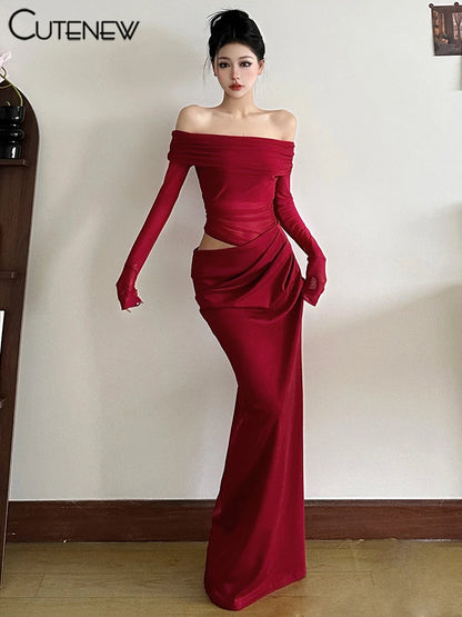 Cutenew Mesh Ruched Women Maxi Dress Sexy See Through Off Shoulder Long Sleeve Sheath Vestidos Female Midnight Party Solid Robe - Smarsty