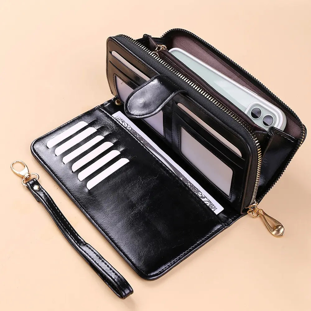 Women's Vintage Oil Wax PU Leather Clutch Wallet Female Large Capacity Phone Purse Ladies Wristband Simple Card Holder Pouch Bag - Smarsty