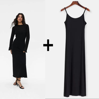 Hirsionsan Spring Autumn O-Neck Elastic Knit Long Dresses Women 2024 Elegant Chic Soft Lady Hollowing Sweater Dresses Femme New - Smarsty