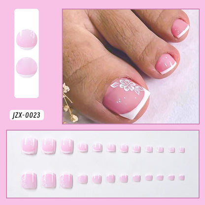 French Flower Fake Toenails Short Square Press On Tips - Smarsty