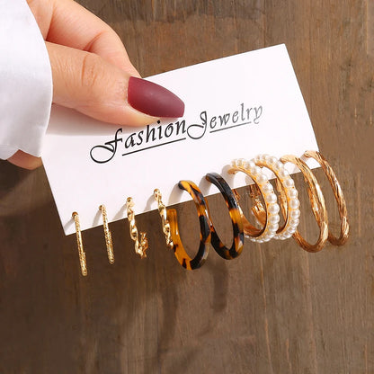 Gold Color Vintage Geometric Pearl Earrings Set For Women - Smarsty