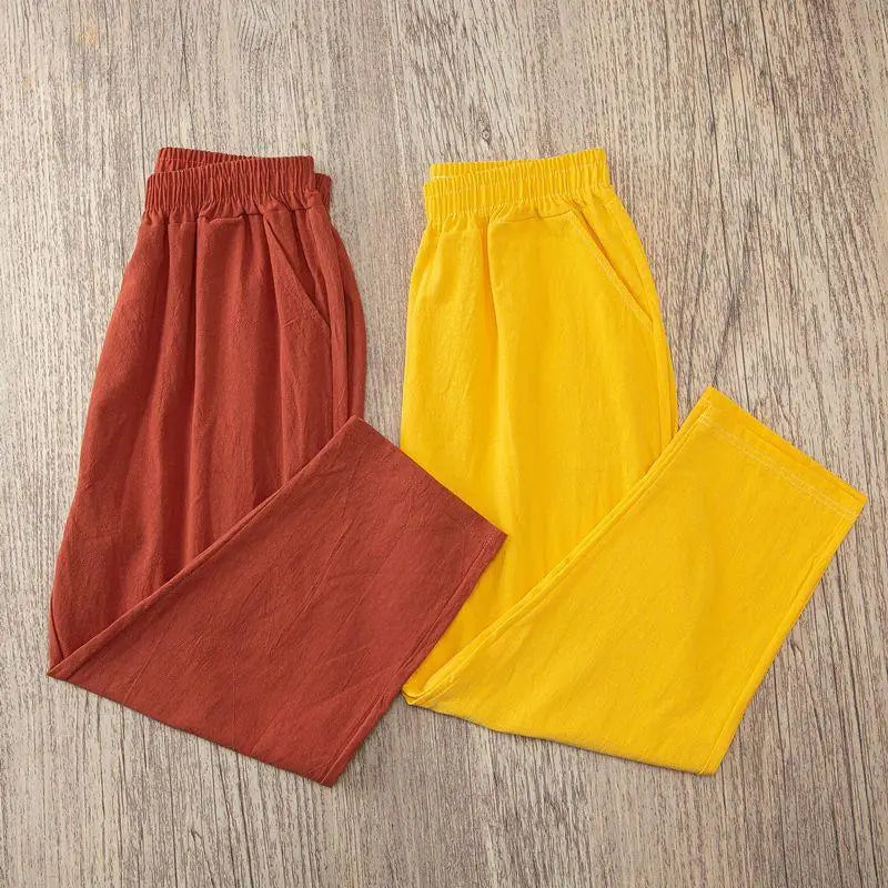 Women Summer Casual Loose Harem Elastic Waist Cotton Linen Pants Ninth Trousers - Smarsty