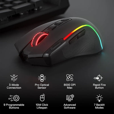 Redragon M612 PRO BT & 2.4RGB Gaming Mouse, 8000 DPI Wired/Wireless Optical Gamer Mice 11 Programmable Buttons & 6 Backlit Modes - Smarsty