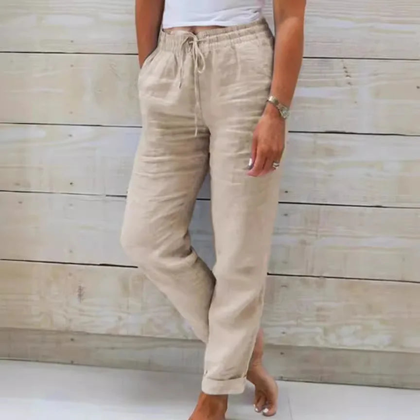 Summer Cotton Linen Pants For Women High Waist Elastic Sweatpant 2025 Loose Pencil Pant Casual Streetwear Solid Pocket Trousers - Smarsty