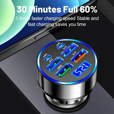 100W Six Port Car Charger With PowerDelivery USB C - Smarsty