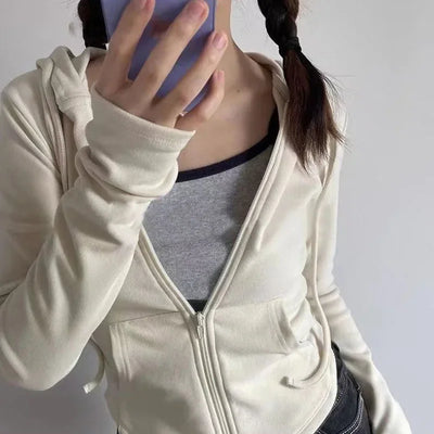 Lucyever Cropped Hooded Zip-Up Jacket Women Autumn New Slim Long Sleeve Y2K Sweatshirts Female Solid Streetwear Sports Hoodies - Smarsty