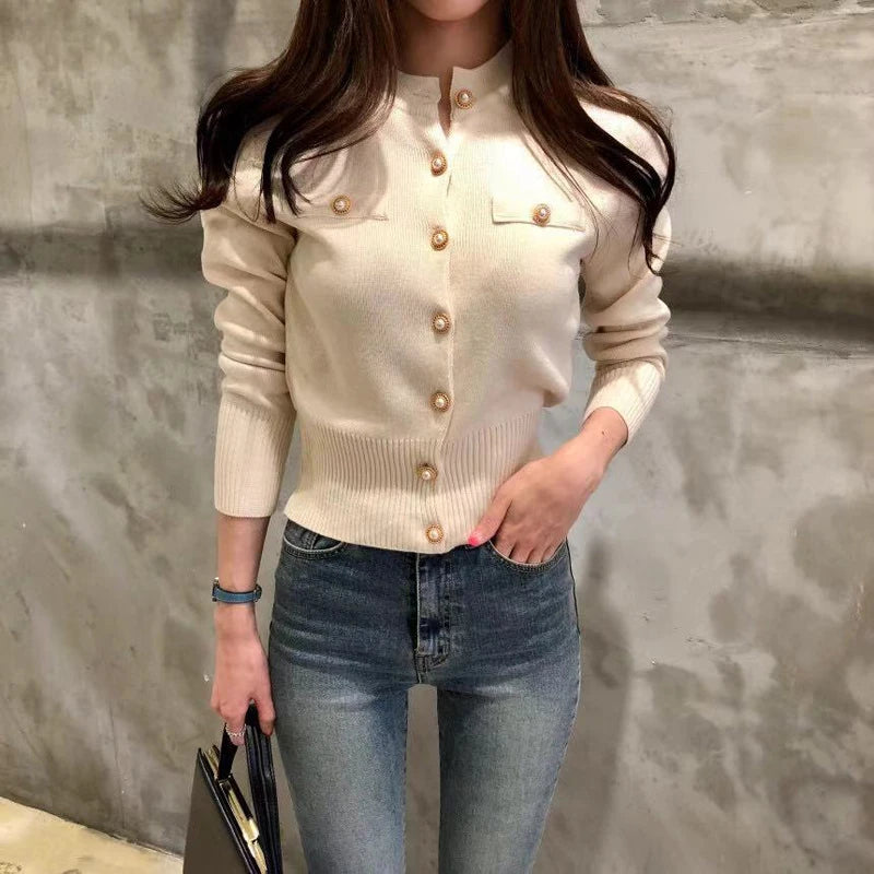 2025 Autumn Long Sleeve Fashion Women Cardigans Sweater Knitted Coat Short Casual Single Breasted Korean Slim Chic Ladies Tops - Smarsty