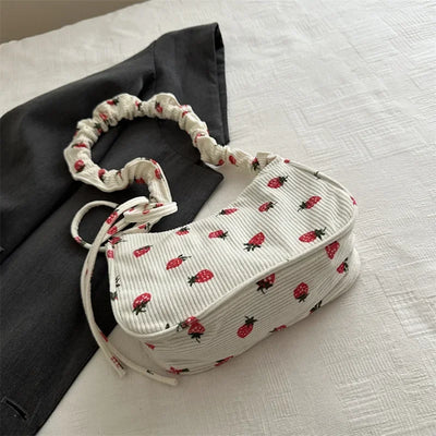 Corduroy Underarm Bag For Women Strawberry Print Mini Tote - Smarsty