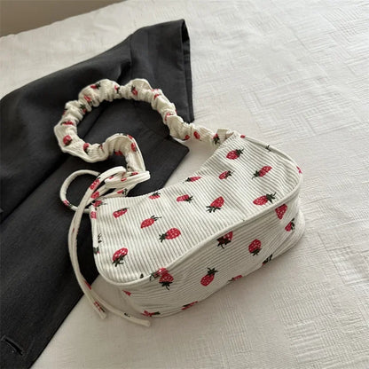 Corduroy Underarm Bag For Women Strawberry Print Mini Tote - Smarsty