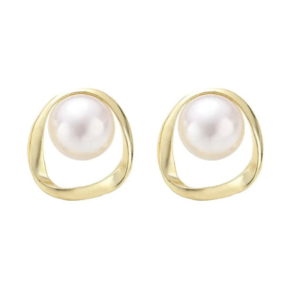 Imitation Pearl Earrings Gold Round Stud For Women Fashion - Smarsty