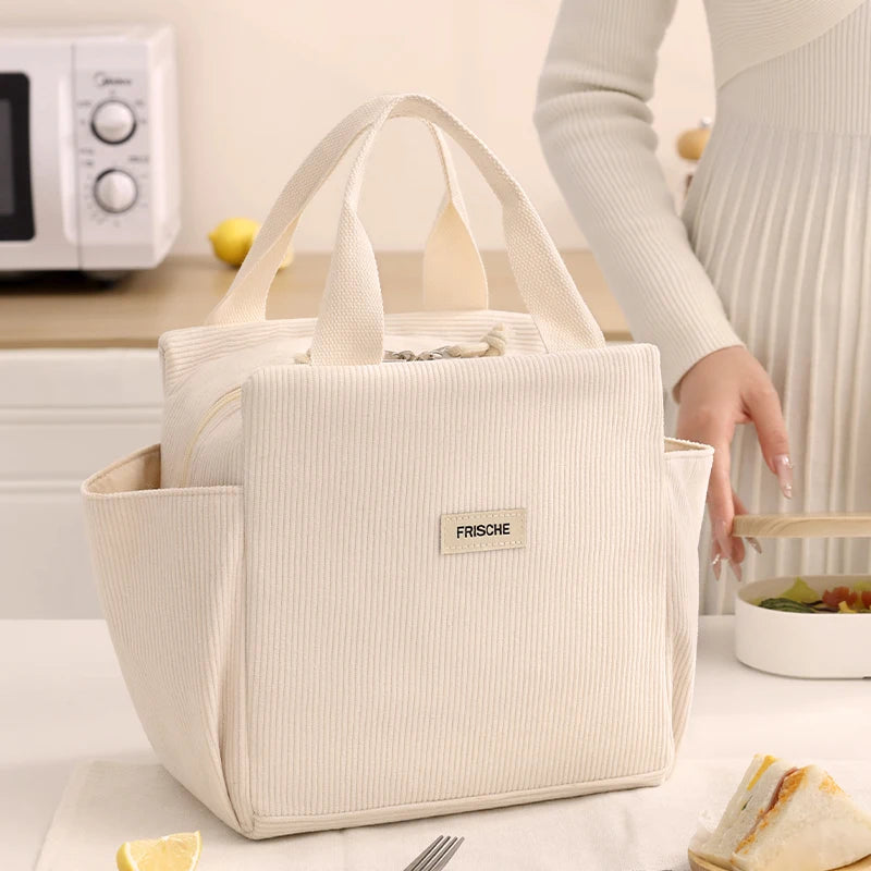Corduroy Lunch Bag With Thermal Insulation Cooler Pack - Smarsty
