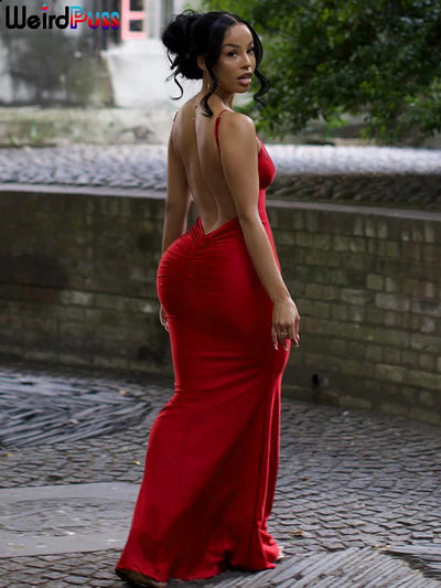 Weird Puss Sexy Backless Women Evening Maxi Dress Folds V-Neck Sleeveless Coquette Elegant Mermaid Matching Banquet Prom Bodycon - Smarsty