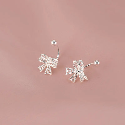 925 Sterling Silver Lace Heart Bow Stud Earrings Minimalist - Smarsty