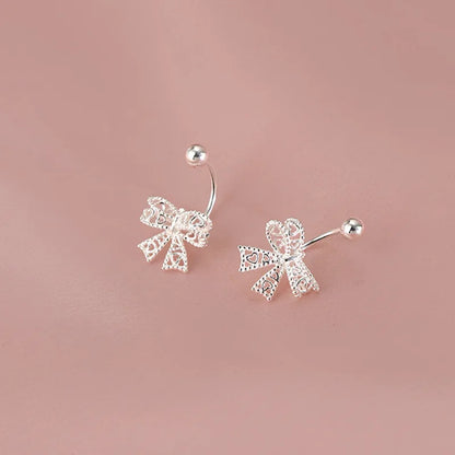925 Sterling Silver Lace Heart Bow Stud Earrings Minimalist - Smarsty
