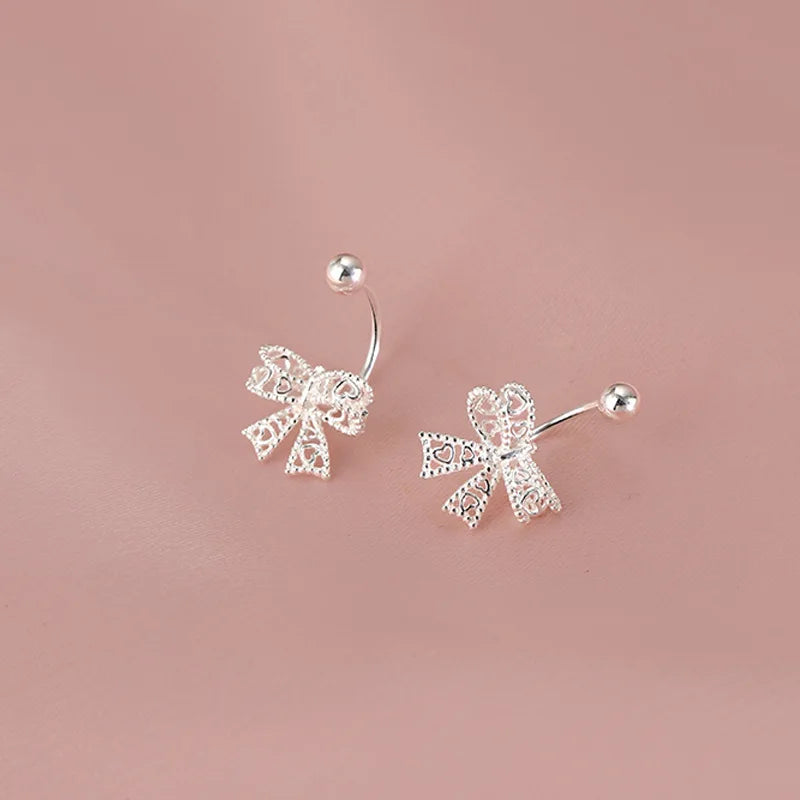 925 Sterling Silver Lace Heart Bow Stud Earrings Minimalist - Smarsty