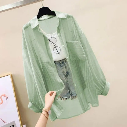 Summer Sunscreen Shirt Elegant Perspective Thin Chiffon Blouse Korean Harajuku See Through Loose Top Casual Women's Cardigan - Smarsty