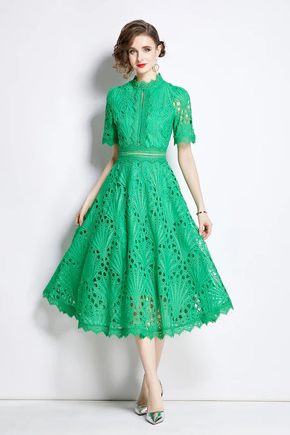 H Han Queen Spring New Elegant Casual Work Party Dresses Floral Crochet Hollow Out Lace Patchwork Casual Office Midi Dress - Smarsty