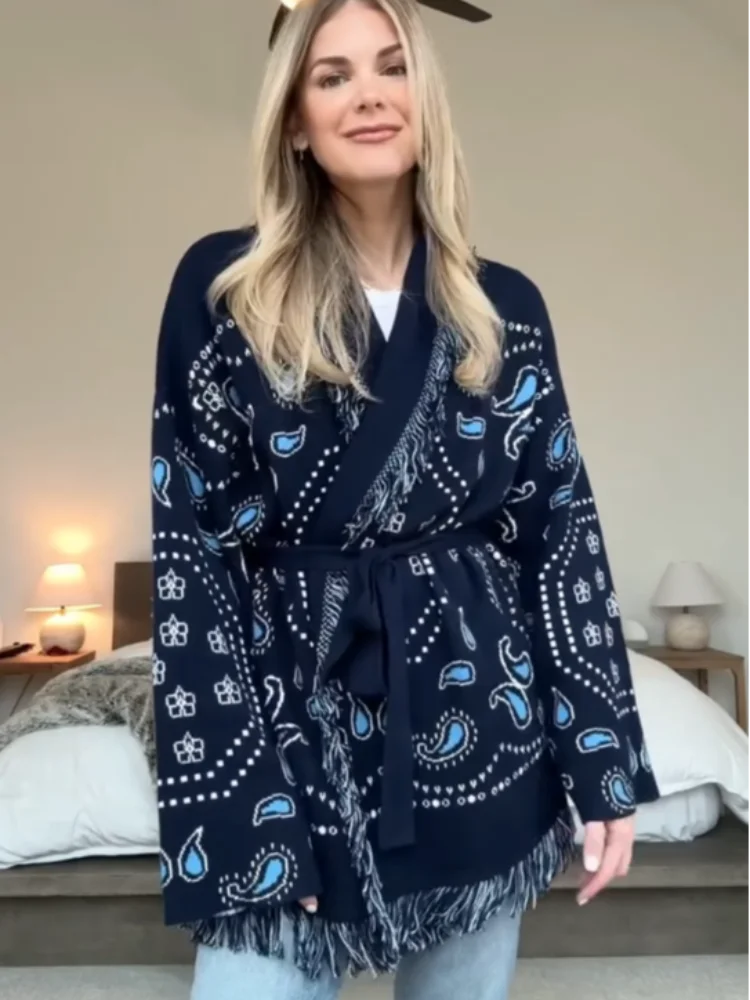 Tassel Patchwork Printed Cardigan Women Geometric Patterns Belts V-neck Long Sleeve Knitted Street Lady Sweater 2025 Autumn Coat - Smarsty