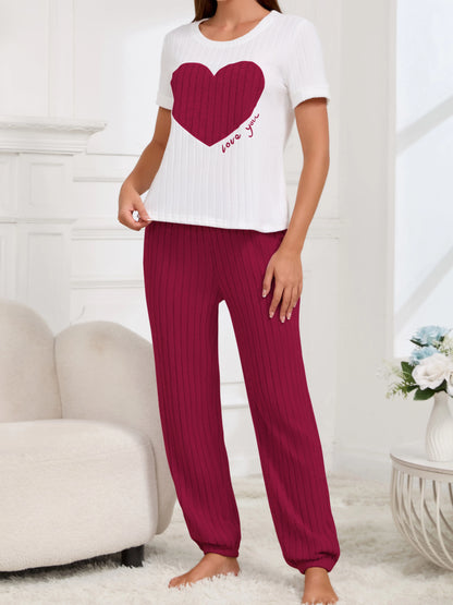 Women's new style pajamas set heart pattern short sleeve shirt trousers two-piece simple and lovely casual home wear - Smarsty