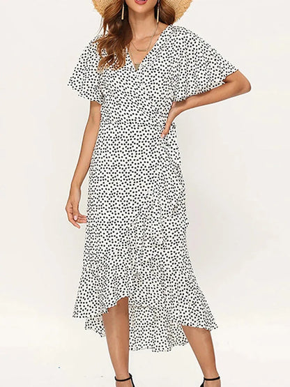 Summer Beach Maxi Dress Women Floral Print Boho Long Chiffon Dress Ruffles Wrap Casual V-Neck Split Sexy Party Dress Robe Femme - Smarsty