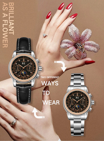 Luxury Women's Automatic Mechanical Wrist Watch with Diamond Moon Phase - Smarsty