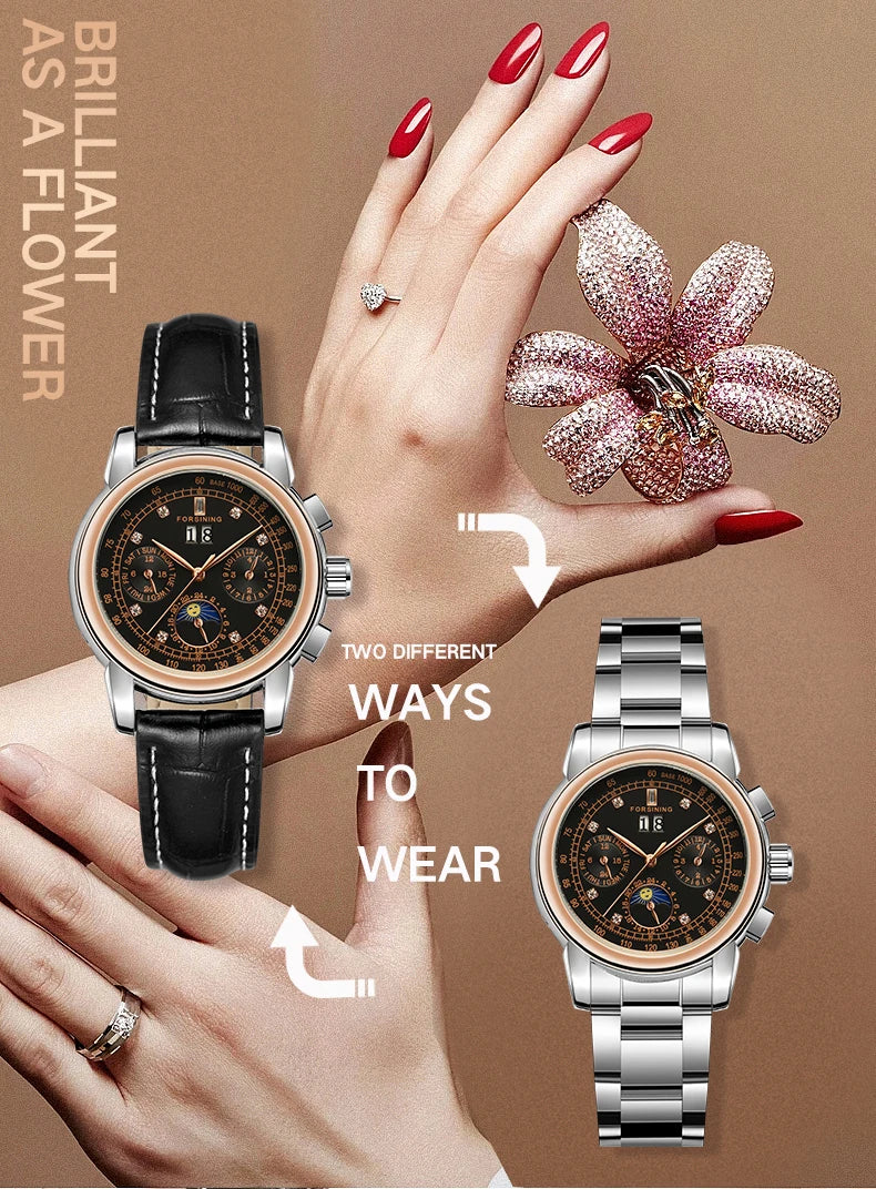 Luxury Women's Automatic Mechanical Wrist Watch with Diamond Moon Phase - Smarsty