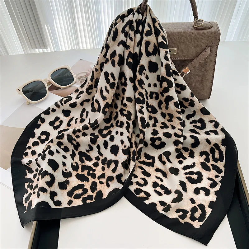 Luxury Leopard Print Silk Scarf for Women Spring Summer - Smarsty