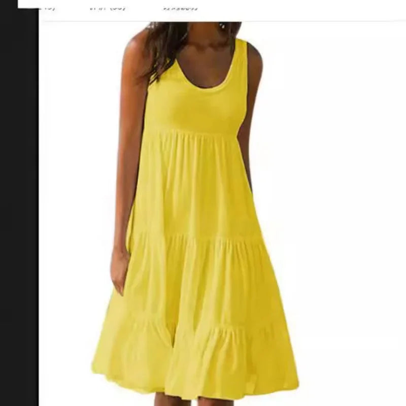 Bohemian Women's Casual O Neck Sleeveless Ruffle Mini Dress Solid Color Beach Tank Top Oversized Loose Dress Plus Size Women3029 - Smarsty