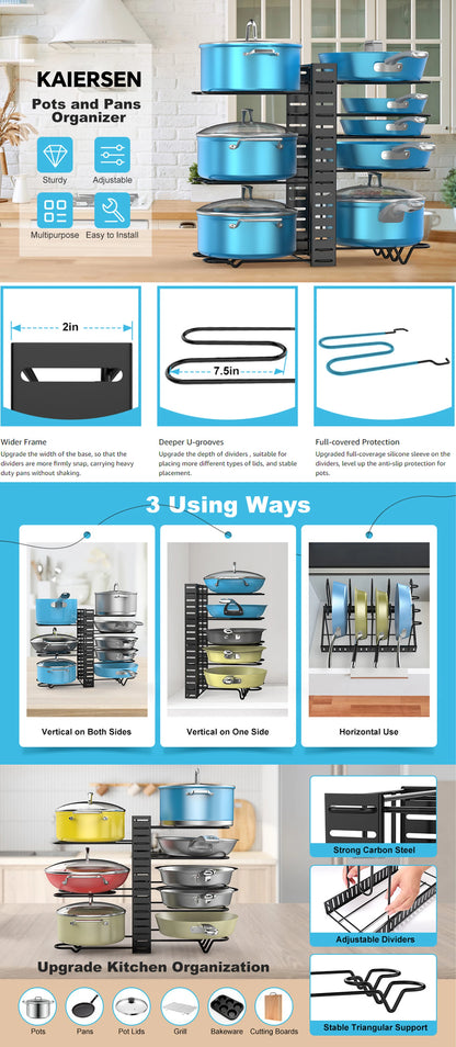 Pot Rack Organizer Under Cabinet,8 Tier Adjustable Pot Organizers Inside Cabinet,Pan Storage Organizer Rack for Storing Pots Pan