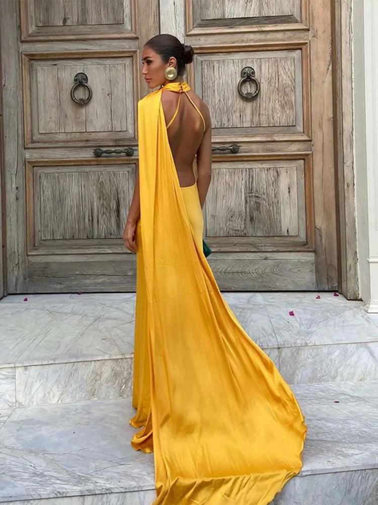 Elegant Solid Ribbon Women Halter Dress Off Shoulder Sleeveless Backless Slim Female Maxi Dresses 2025 Summer New Chic Lady Robe - Smarsty