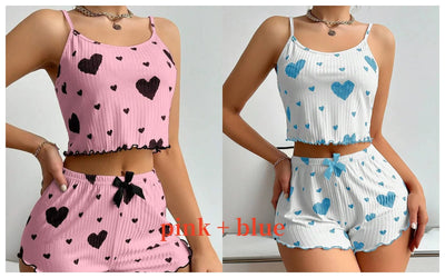 Women's Pajamas Set Sleepwear 2 PCS Short Tank Tops And Shorts S M L White Ventilate Soft Casual Love Printing - Smarsty